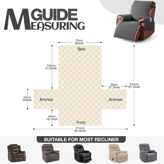 KinCam 100% Waterproof Recliner Chair Covers Washable, 30", Charcoal Gray | Anti Slip Reclining Couch Covers for Pets Dog, Recliner Sofa Slipcover Storage Pocket, Furniture Protector with Elastic Strap - Image 4