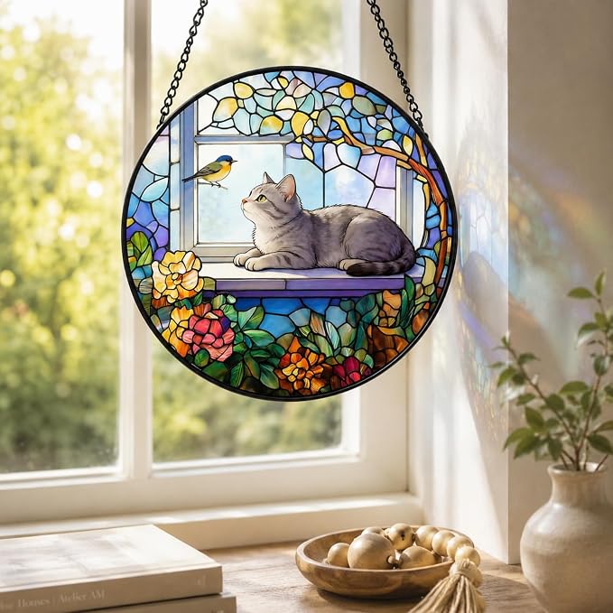 Stained Glass Cat Window Suncatcher, Cat on Windowsill Sun Catcher, Colorful Pet Lover Window Decor Gift - Image 8