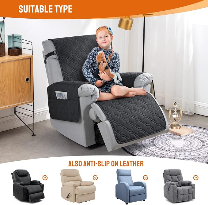 VANSOFY 100% Waterproof Recliner Chair Covers Washable, Black, 28" | Non-Slip, Slipcover with Pocket, Furniture Protector, Elastic Straps, Chair Cover for Pets, Dogs - Image 5