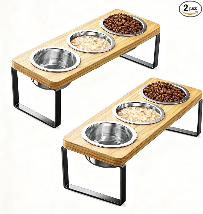 2 Pack Elevated Cat Bowls with 3 Stainless Steel Bowls | 10° Tilted Anti-Vomiting Raised Cat Food Bowl for Small Cats and Puppies Pet Bowl with Stand by AKAOLA