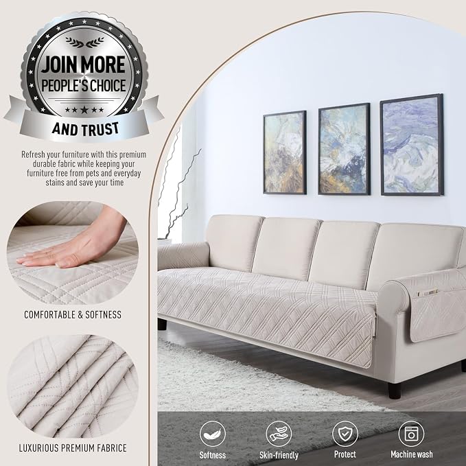 TAOCOCO Waterproof Large Couch Covers for Dogs, Non Slip Sofa Cover, 78.7'' | Washable Oversized Couch Covers with Arms for 3 Cushion Couch, Dog Sofa Cover Protector, Pockets & Backless Design, Cream - Image 2