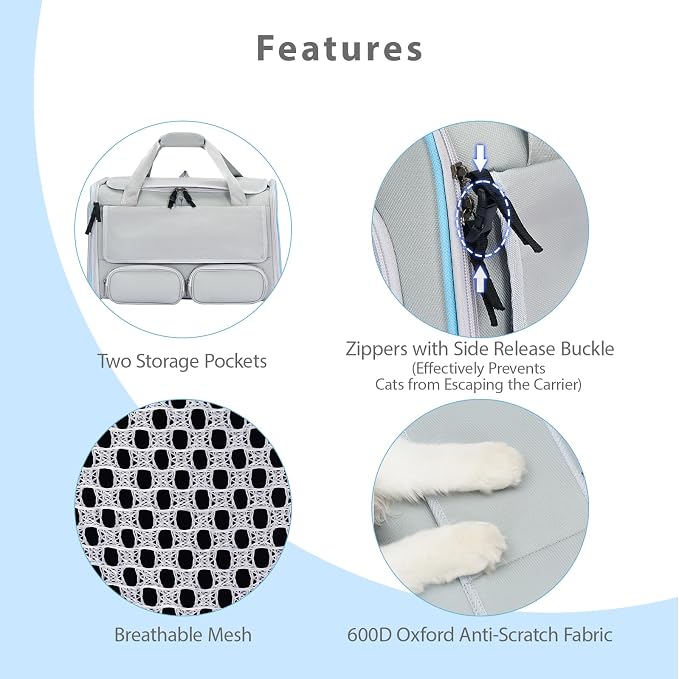 Cat Carrier for Pets up to 15 lbs, Soft-Sided Collapsible Pet Carrier | Upgraded Sturdy Base, Privacy Curtain and 2 Storage Bags Provide Comfort, Privacy and Convenience for Cats and Small Dogs - Image 4
