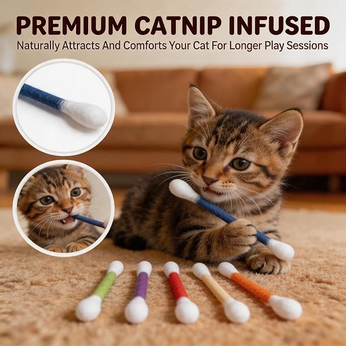 6Pack Cotton Swabs Cat Toys with Catnip, Giant Qtip Chew Sticks & Teething Ropes for Boredom Relief, Durable Interactive Felt Kitty Kicker Toy for Exercise. - Image 5