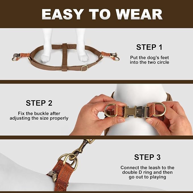 Step in Dog Harnes for Small Dogs, Brown, S, Chest 14-22" | Freedom Nylon Dog Halter Vests with Metal Buckles, Easy On and Off, Adjustable Straps, Escape-Proof, Easy Walking Training - Image 4