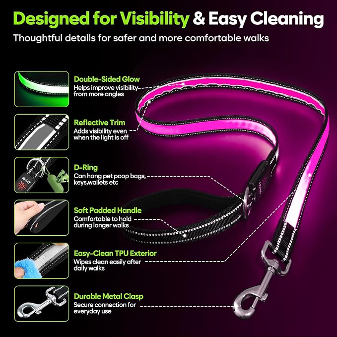 5 Ft LED Dog Leash, Light Up & Lighted Dog Leash, 7 Lighting Modes, Glow in The Dark, Reflective, Double-Sided Light, Rechargeable with Padded Handle for Night Walking Safety, Small to Large Pets - Image 6