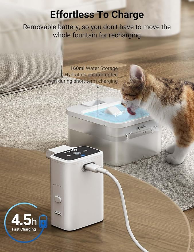 DownyPaws Cat Water Fountain Cordless, Pet Fountain, 84oz/2.5L, White | Wireless Cat Drinking Water Fountains for Cats Indoor, Fursink , Battery Operated, Motion Sensor, Ultra Quiet Pump, BPA-Free - Image 7