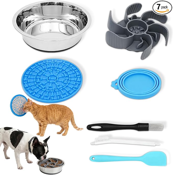 Nonslip Stainless Bowl Slow Feeder Kit for Small Dogs & Cats, Anti Gulping | 7Pcs Set: Slow Feeder [Octopus Suction], Lick Mat, Lid, Spatula, Brush. Stops Bloating, Vomiting, Sliding, Keeps Fresh. by Unknown