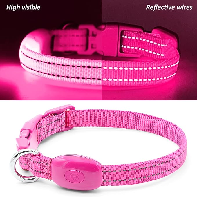 Light Up Collar for Small Dogs& Cats, Reflective LED Dog Collar Rechargeable Puppy Safety Lights for Nighttime Walking (Pink) - Image 2
