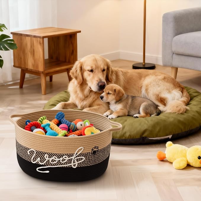 Woof Dog Toy Basket with Handles, Large Dog Toy Storage Bin with Paw Print, Woven Dog Basket for Blankets, Toys, Chews, Pet Toy Box for Nursery, Living Room, Bedroom, 20”x14”x9, Black - Image 3
