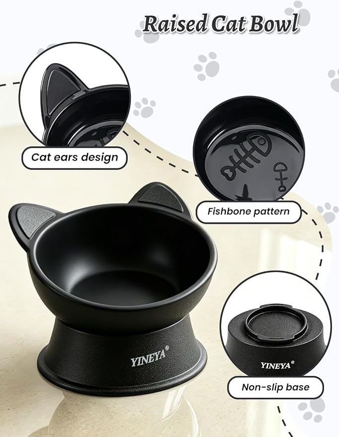 YINEYA Elevated Cat Bowls 2 Pcs, Cat Food Bowl to Protect Neck & Anti-Vomit, Whisker-Friendly Raised Food and Water Bowls Set for Indoor Cats/Small Dogs, Cute Pet Feeding Bowl 6 OZ Each, Black&White - Image 5