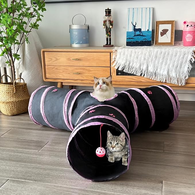 3-Way Collapsible Cat Tunnel Tube Toy Black Pink Paws | Interactive Play Tunnel by Hanging Ball & Peek Hole for Indoor Cats, Kittens, Puppies, Rabbits, Hours of Fun & Exercise - Image 2