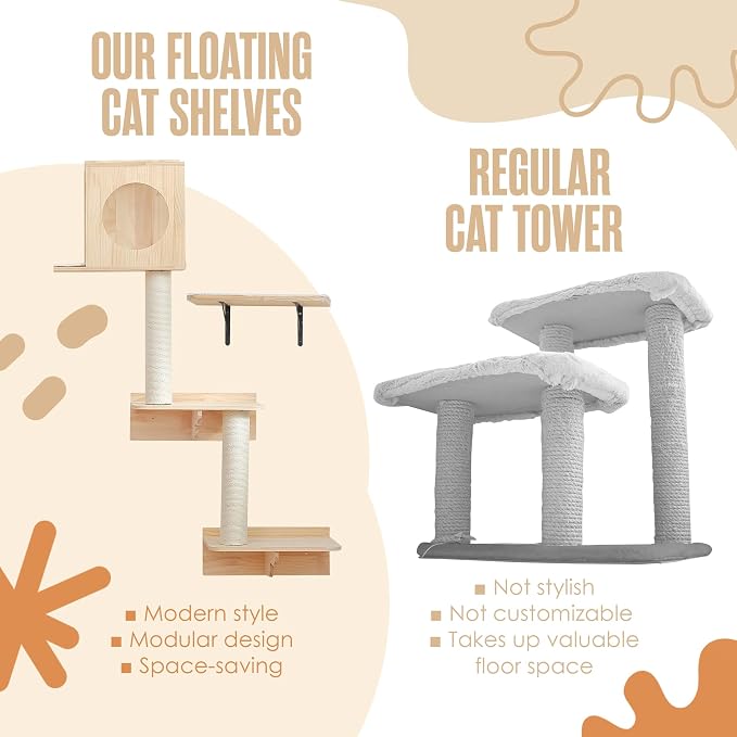 Wall Mounted Cat Tree, Cat Wall Climber, Kitty Climbing Shelves 51 x 35 in | Houseables Kitty Furniture Shelves, Floating House, Stairs, Mount, Climber, Condo, Playground, Obstacle Course, Indoor Gym - Image 6