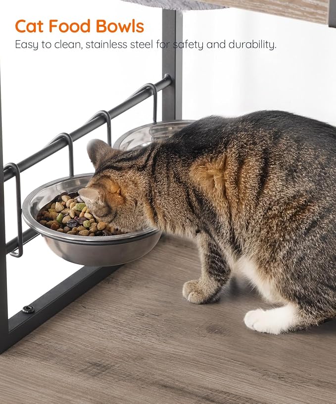 HOOBRO Cat Tree with Litter Box Enclosure, 58.7" H Cat Tower with Hidden Litter Box Furniture, with Scratching Post, Step, Hammock, Multifunctional Pet Furniture with Food Bowls, Greige BG30MZ03G1 - Image 7