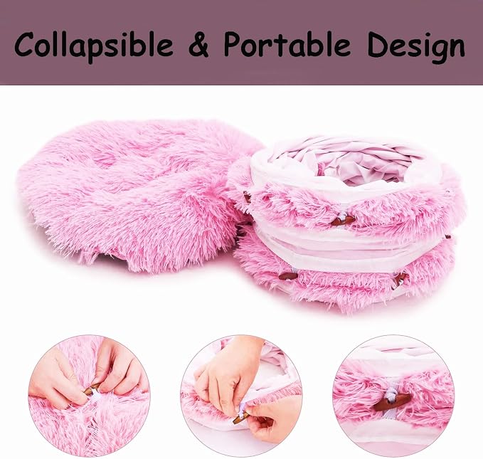 Cat Bed Tunnel Tube Toy Pink Plush | Collapsible Round Tunnels for Indoor Cats, Interactive Toys Play Tubes with Hanging Ball for Kitten, Puppy, Rabbit - Image 4