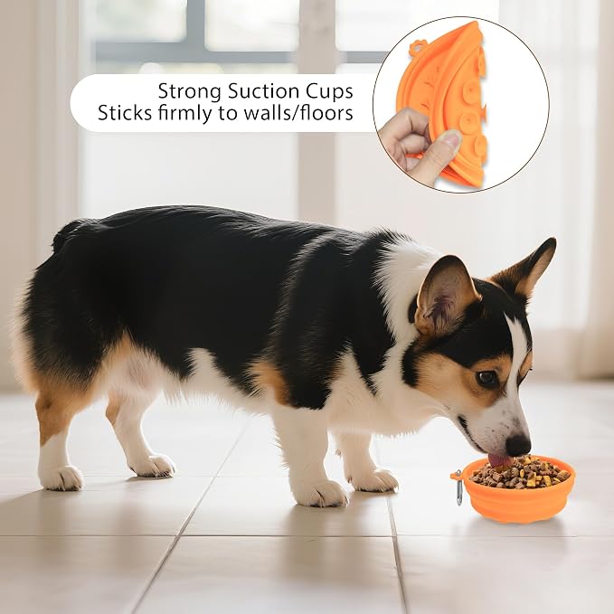 PawSailor 2-Pack Collapsible Dog Bowls with Suction Cups & Scraper - 16oz Travel Pet Bowls for Food/Water, Non-Slip Feeding Dish for Dogs, Includes Carabiner Clip Orange&Yellow - Image 6