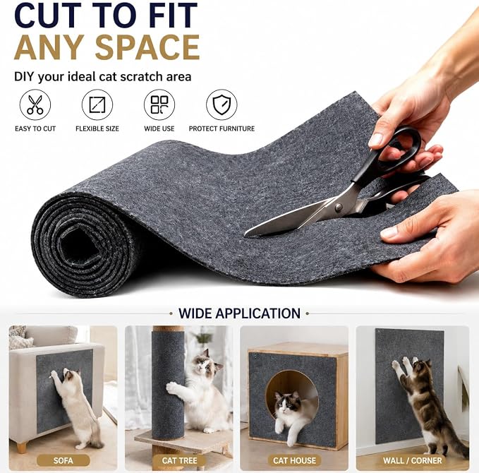 78.7"X15.8" Cat Scratch Furniture Protector, Anti Scratch Couch Protector from Cat Claws, Self-Adhesive Cat Scratching Pads, DIY Couch Cat Scratcher for Corner Sofa Wall & Door (Gray) - Image 5