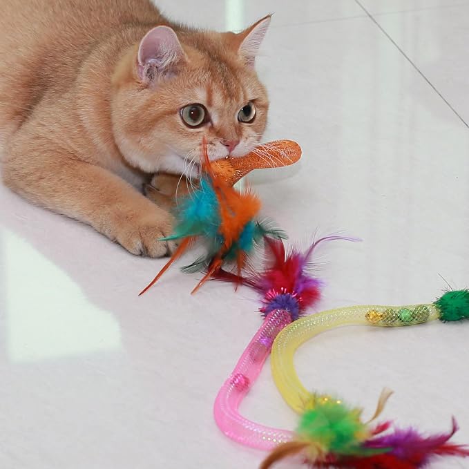 Interactive Cat Toys with Feather, Colorful, 3 Pcs | Stretchable Mesh Tubes, Bell Inside, Catnip Inside, Interactive Play String for Cats and Kittens, Cat Nip Chew Toy - Image 2