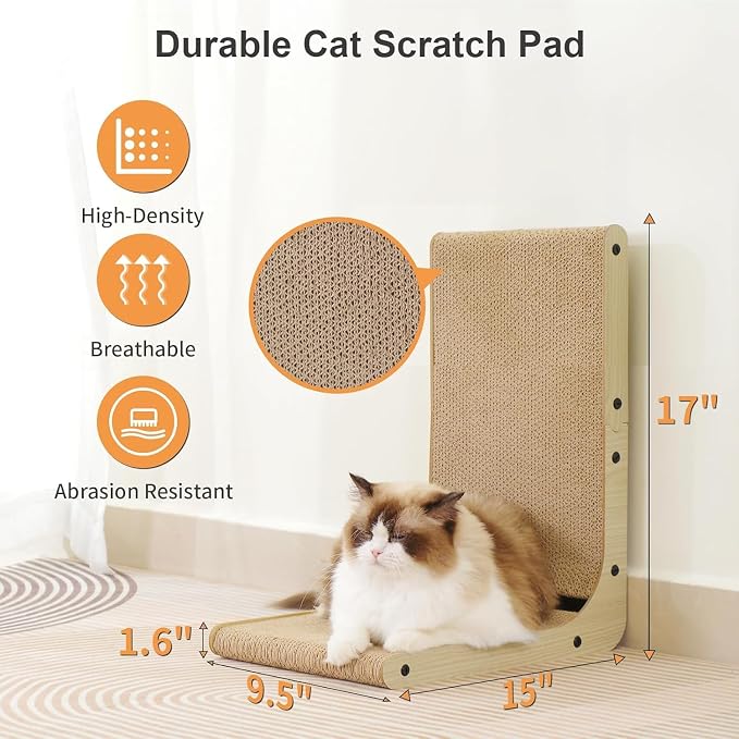 L Shaped Cat Scratcher for Indoor Cats, Cat Scratching, Cat Scratch Pad, 17 Inches Tall Scratching Post with Sturdy Base, Durable Cat Scratch Pad for Kittens & Adults, Furniture Protector - Image 2