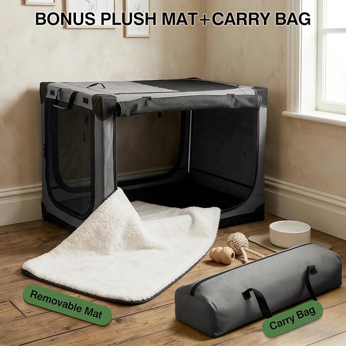 Veraste 33" Soft Collapsible Travel Dog Crate for Medium Large Dogs,Grey | 4-Door Foldable Travel Crate,breathable mesh, foldable with storage bag - Image 5