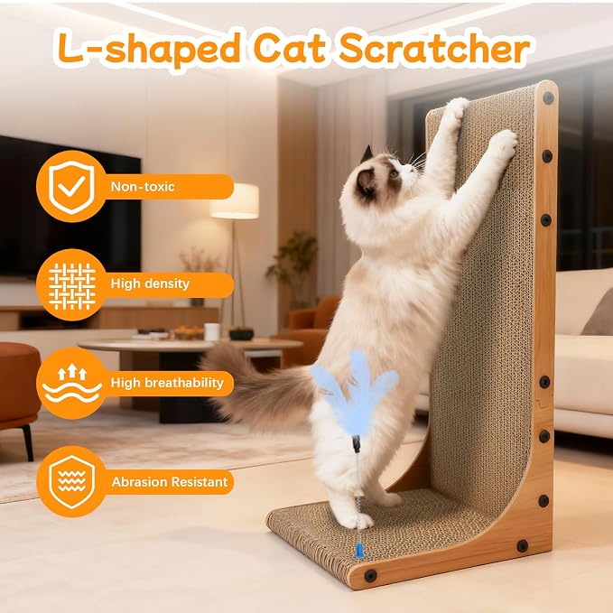 Goosheep Cat Scratching Post, 3-in1 Cat Scratcher for Indoor Cats, 2PK 22in L-Shaped Scratching Board with 1PK Cardboard Box Scratch Pad, Cats Scratch Furniture Protector with Feathered Toy - Image 5