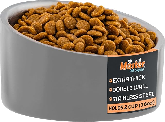 Master Pet Supply Stainless Steel Slanted Dog Cat Food Bowl 16 oz Graphite | Heavy Duty Double Wall Insulated, Non-Slip Elevated Bowl for French Bulldogs, Pugs, Cats, Anti Rust, Dishwasher Safe by MasterPetSupply