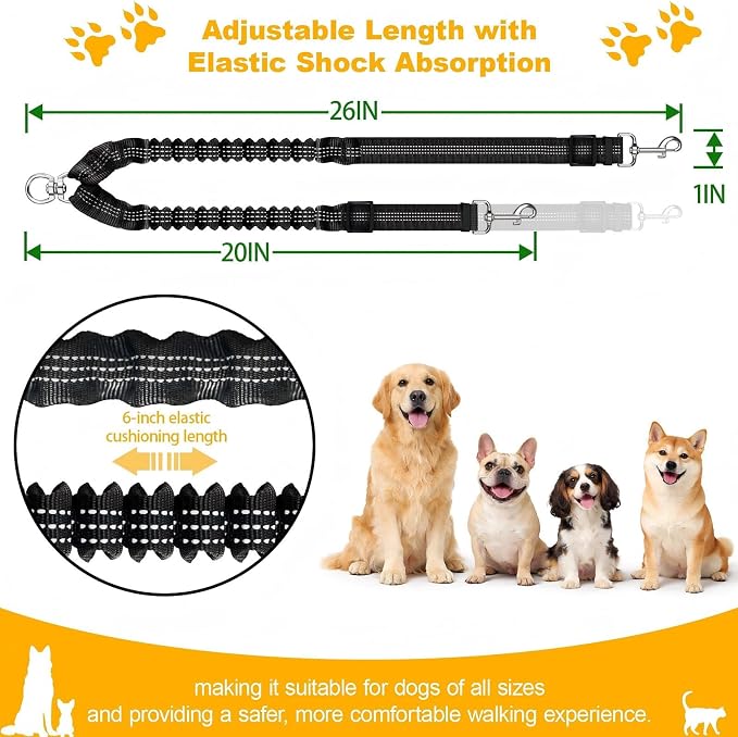 Double Dog Leash for Two Dogs, Professional No Tangle 360° Swivel Coupler with Shock Absorbing Bungee, Adjustable Length Dual-Sided Reflective Two Dogs Lead Splitter for Small Medium Large Dog - Image 2