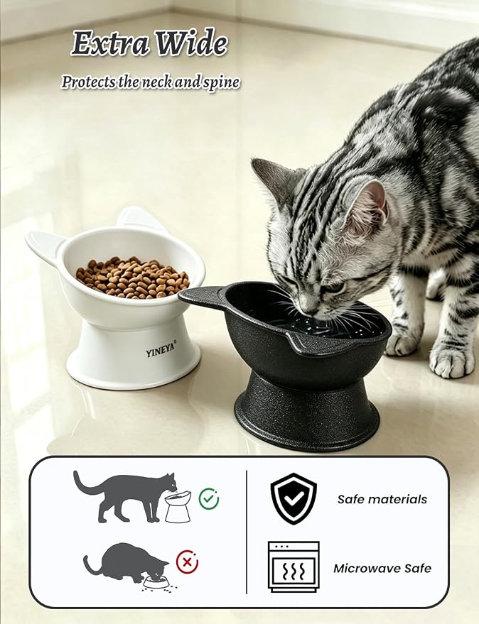 YINEYA Elevated Cat Bowls 2 Pcs, Cat Food Bowl to Protect Neck & Anti-Vomit, Whisker-Friendly Raised Food and Water Bowls Set for Indoor Cats/Small Dogs, Cute Pet Feeding Bowl 6 OZ Each, Black&White - Image 3