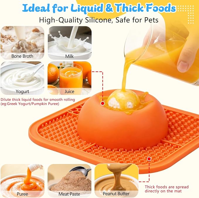 Slow Feeder Dog Bowls & Lick Mat for Liquid and Thick Treat, Anti-Slip Dog Lick Bowl with Interactive Rolling Ball, 5/6 Cup Pup Licking Toy for Large Medium Small Dogs and Cats Orange - Image 3