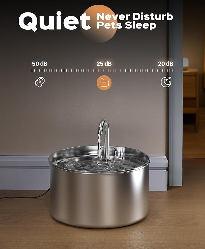 Cat Water Fountain Stainless Steel + 6 Filters + 3 Sponges - Pet Water Fountain 24/7 Keep The Water Fresh 74oz Capacity Ultra-Quiet No Sputter Compact Easy to Clean - Image 5