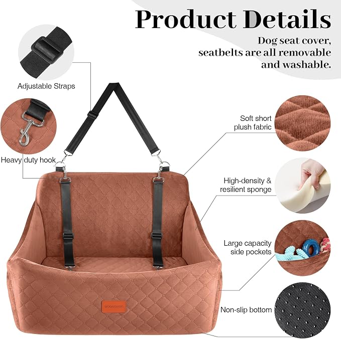 Wooaidagg Dog Car Seat for Medium & Large Dogs Up to 55lbs, Memory Foam Cushion, Washable Cover, Safety Straps & Non-Slip Base (Brown, Large) - Image 2