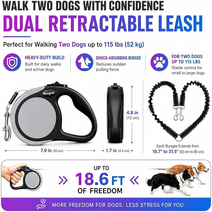 Double Retractable Dog Leash for Two Dogs Up to 115 lbs - 18.6 ft Coupler Leashes for Small Medium Dogs - One Locked System, Non Slip Grip, Tangle Free (Grey) - Image 2