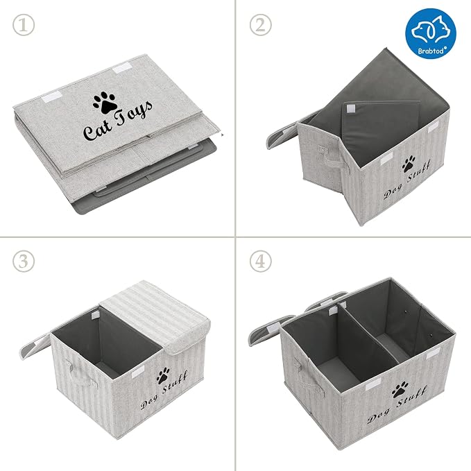 Large Dog Toys Storage Box Canvas Storage Basket Bin Organizer with Lid - Collapsible Linen Bin Ideal for Organizing Dog Cat Toys and pet Stuff-PP Boad-17" x 12" x 10" - Gray Stripe - Image 5