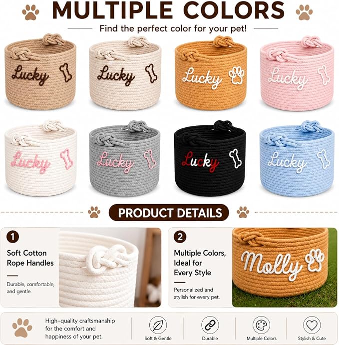 Personalized Dog Toy Basket with Name, Custom Puppy & Kitten Toy Storage Bins, Personalized Cute Handmade Cotton Rope Organizer for Snacks, Pet Supplies, Birthday Gifts Basket for Pets (A1) - Image 3