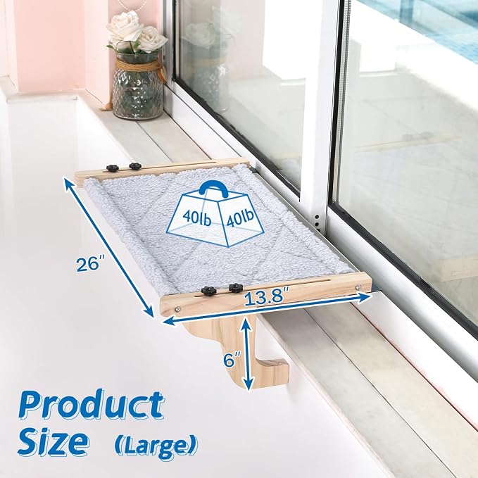 Zakkart Easy Seat Cat Perch for Window Sill - Hammock Design w/Pine Wood & Robust Metal Frame - Cat Window Seat for Large Cats and Kittens (Natural Color Wood w/Gray Bed, Large (26''W x 14''D)) - Image 5