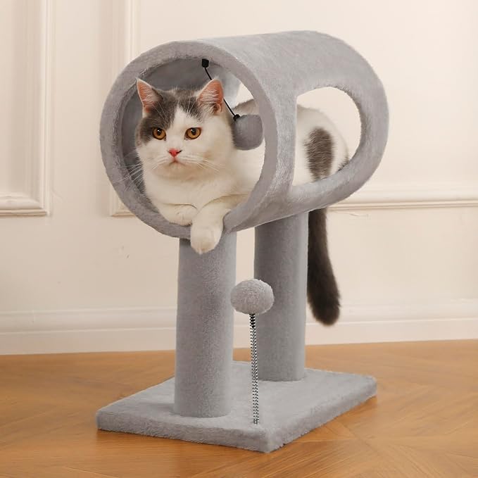 Cat Craft 20.5" Cat Tree, Small Cat Scratching Post with Tunnel, Grey | For small cats under 7 lbs. Soft plush fabric, light scratching use only, not heavy sisal material. - Image 7