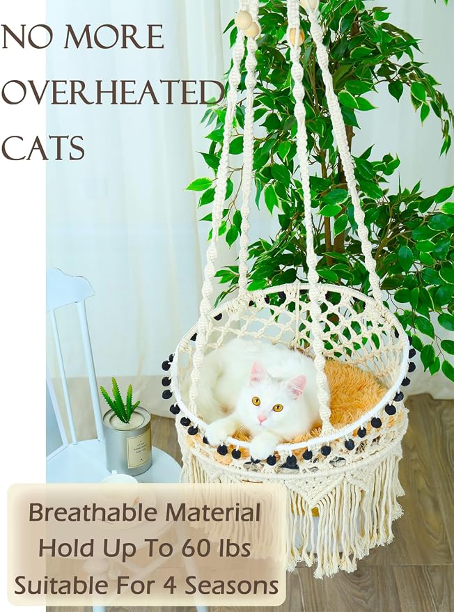 KARCEEY Macrame Cat Hammock - Hanging Cat Bed for Wall & Window - Boho Swing with Full Hardware Kit & Nip Toy - Stable Heavy Duty Design for Large & Senior Felines up to 60lbs - Image 6