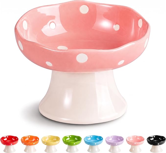 Pink Mushroom Cat Bowl, Elevated Ceramic Feeding Bowl | Elevated, Ceramic, Tilted Design, Whisker-Friendly, Dishwasher Safe, cute by Trundisan
