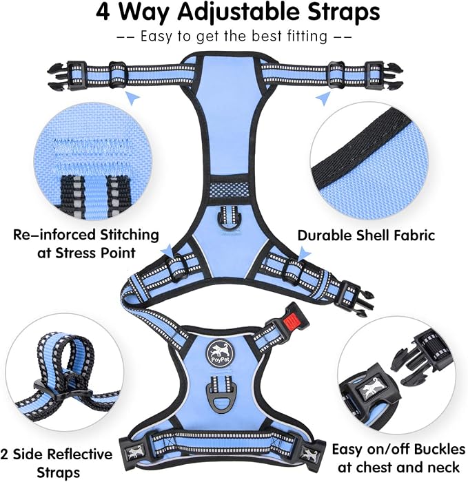 PoyPet Dog Harness Medium, No Pull Vest with Front/Back Clip & Neck Buckle | No Choke, Lockable, Reflective, 2 Lead Rings, Adjustable, Soft Padded Handle for Training Walking, M, Light Blue - Image 4