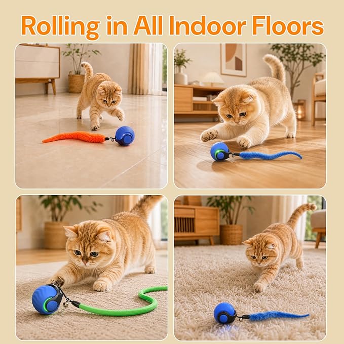 Interactive Cat Toys with Bird Sounds & 3 Speed Modes for Indoor Cats Play | Bird Sounds, 3 Speed Modes, Rechargeable Automatic Rolling, 3 Tails, Fast Charging Ball, For Indoor Cats on Hard Floor Carpet - Image 5
