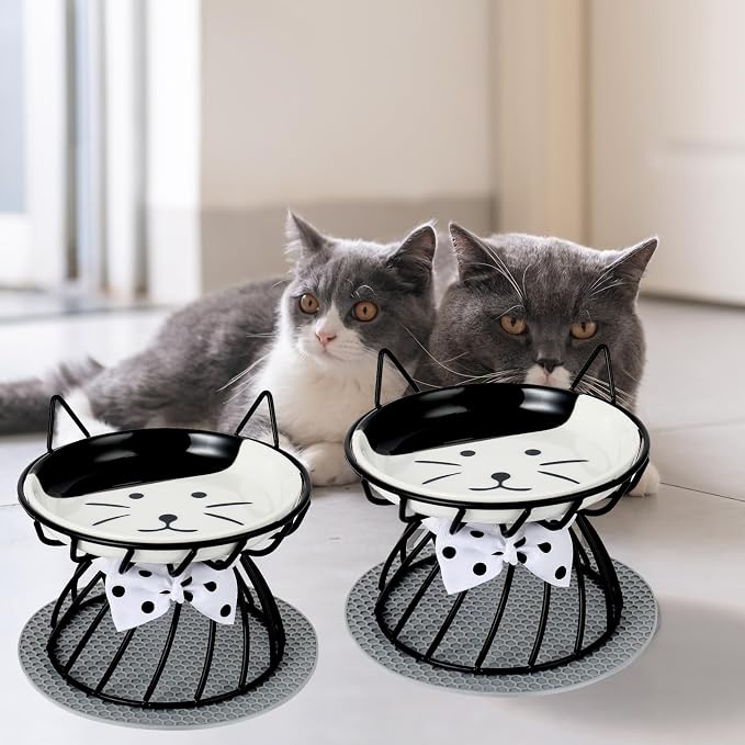 Set of 2 Elevated Ceramic Cat Bowls, Detachable, Black | Detachable Design Easy Cleaning Whisker Friendly Non-Slip Base Premium Ceramic - Image 6