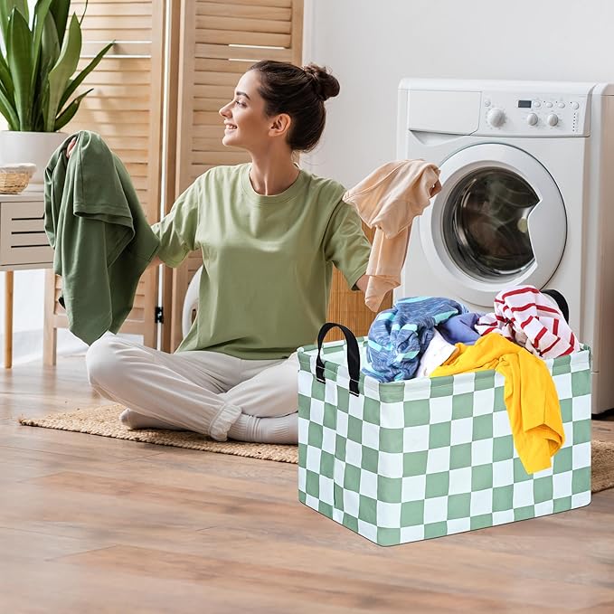 MAIZMZ Sage Checkered Storage Basket Baby Toys Organizer Bins Decorative Gifts Bakset Waterproof Nursery Hamper Women Storage Cube Kids Laundry Basket for Home/Dorm/Kitchen/Pet/Office/Closet/Shelf/ - Image 4
