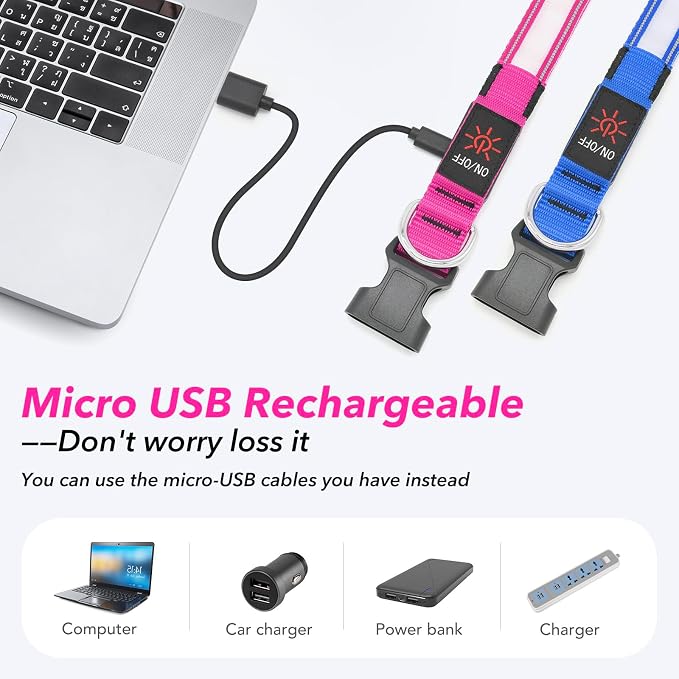Visinite LED Dog Collar USB Rechargeable, Reflective Light Up Pet Collar for Night Walking, Adjustable Glow Collar for Small Medium Large Dogs (Pink, M) - Image 3