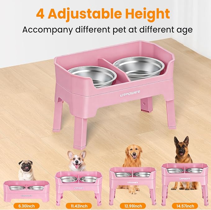 URPOWER Elevated Dog Bowls, 3-in-1 Double Deck Raised Dog Bowl Stand | 4 Height Adjustable Raised Stand with 2 Stainless Steel Food Bowls & Licking Plate for Small, Medium & Large Dogs - Image 3