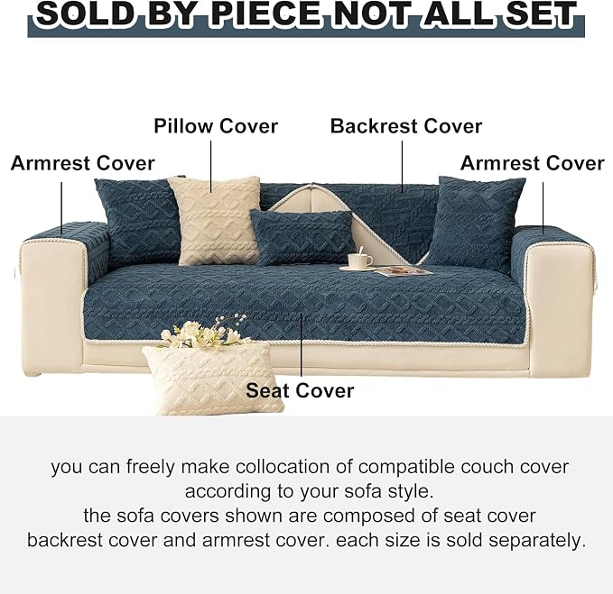 vctops Geometric Jacquard Plush Sofa Couch Covers Farmhouse Neutral Non Slip Sectional Couch Cover Soft Warm Sofa Slipcover for Dogs, Children, Pets Furniture Protector (Dark Blue,36"x36") - Image 2