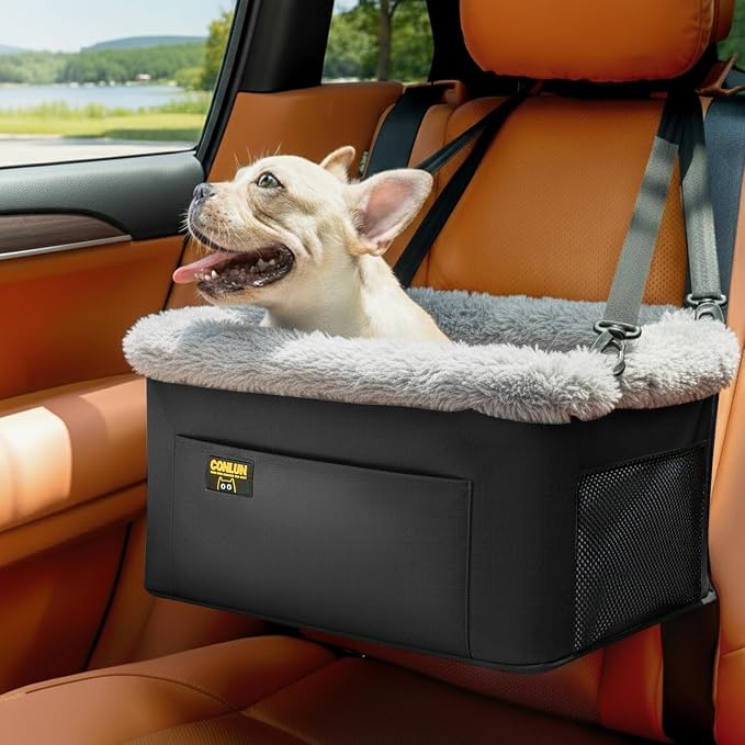Conlun Dog Car Seat Booster | Steel Frame Anti-Collapse | Small Pet | Black | Heavy-duty Oxford | Rigid Skeleton Stops Wobbling | Leash Prevents Escapes | Elevated Pet Booster for Calm Car Trips by Conlun