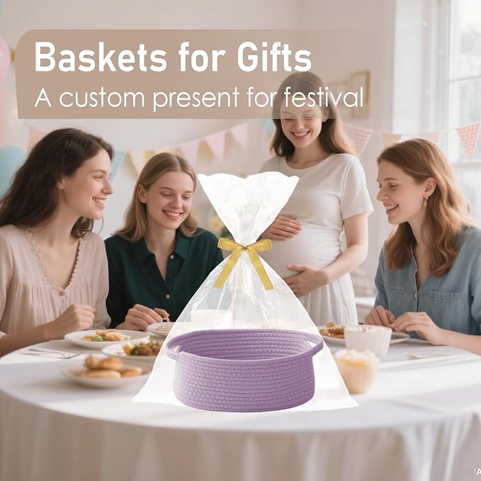 JMvicyroam Small Woven Basket, Empty Gift Basket, Purple/3 Pack | Small Gift Basket, Cotton Rope, 12 x 8 x 47 in, Handles, Includes Ribbon and Bag, Birthday Gift Basket - Image 4