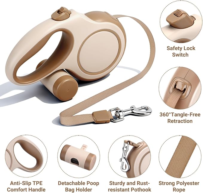Segarty 16 Ft Retractable Leash with Detachable Poop Bag Holder for Walking, 5m Dog Leash for Small Medium Pet up to 66Lbs, 360°Tangle-Free Dog Lead with Anti-Slip Handle & One-Handed Brake Pause Lock - Image 3