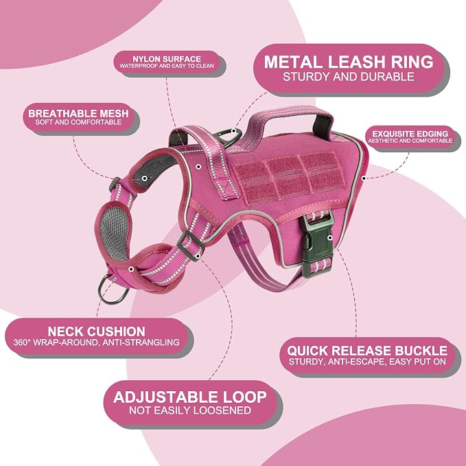 Dog Harness, Tactical No Pull for Small Sized Dog with Handle | Breathable Soft Padded, Adjustable, Reflective, Molle System, Heavy Duty, No Choke for Walking Training, Pink Small - Image 6