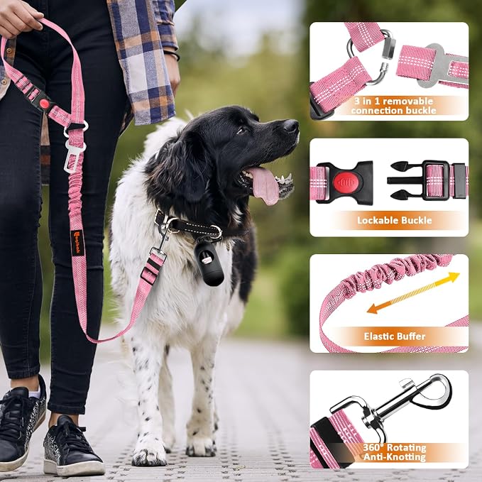 Laqibak Removable Dog Seat Belt Harness for Car, 3 in 1 Pet Seatbelt Leash | Retractable Headrest-Mounted,Restraint & Adjustable Reflective Bungee Dog Seatbelt Tether,Pink - Image 5