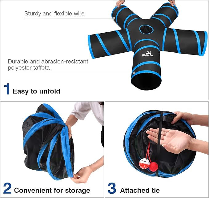 Pawaboo Cat Tunnel Tube 5 Way Tunnels, Blue, 25x53cm | Extensible Collapsible, Play Tent Interactive Toy Maze, Cats House with Balls and Bells - Image 6